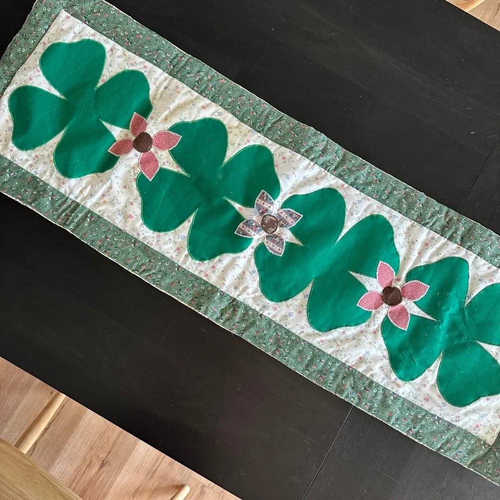 VTG Handmade Quilted Shamrock Table Runner St Patricks Day Green Floral 39x13